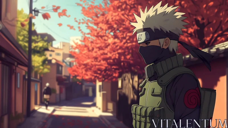 Masked anime ninja walking quiet autumn city street.