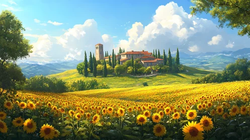 Sunlit hilltop farmhouse wrapped in endless sunflower gold.