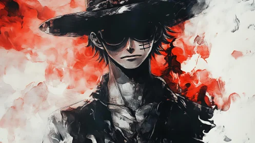 Shadowed figure in wide-brim hat against red smoke field.