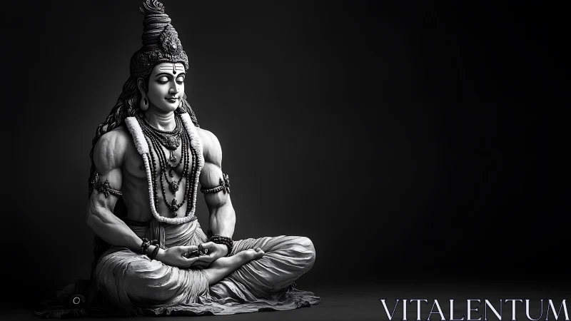 Serene stone yogi sculpted in moonlit monochrome calm.