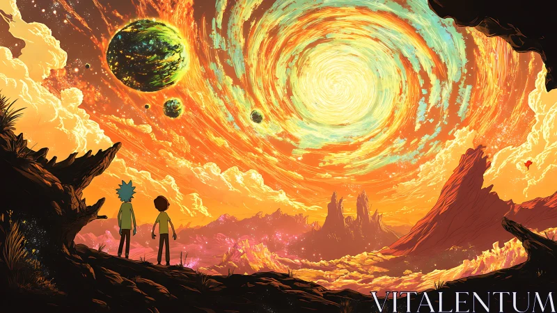 Celestial vortex sky over alien canyon with two observers