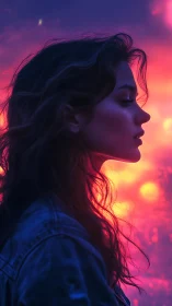 Side profile of young woman against vivid sunset sky.