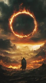 Armored wanderer facing colossal fiery ring above war-scorched valley