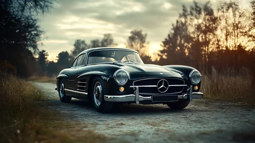 Vintage black coupe on rural road at cinematic sunset glow.