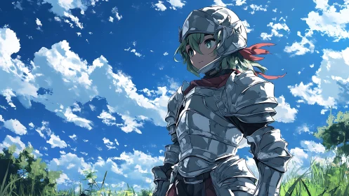 Young anime knight in reflective plate armor under vivid sky