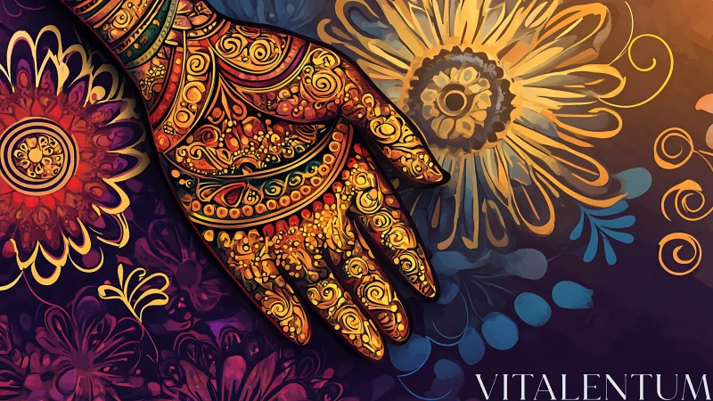 Chromatic henna hand over radial floral energy fields.