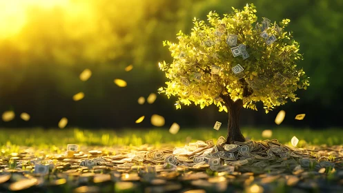 Sunlit money tree showering a meadow with dollar leaves.