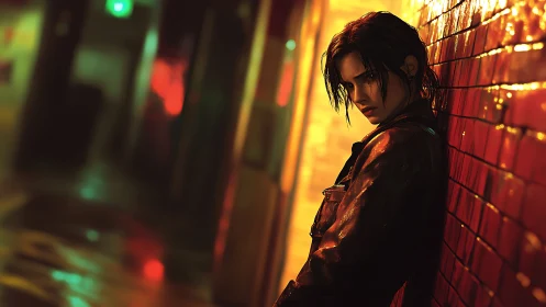 Rain slick alley portrait under neon sodium vapor lighting