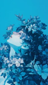 Woman in blue floral dreamscape breathes in quiet serenity.