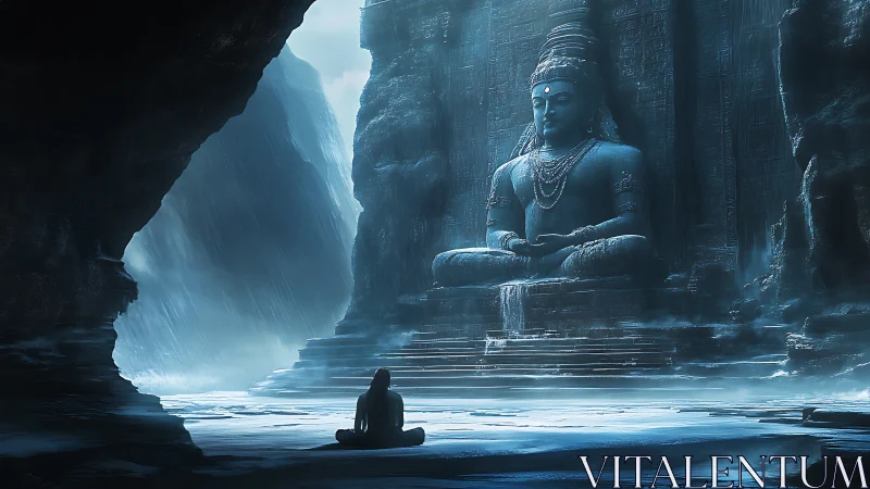 Solitary figure meditating before vast cave deity statue.