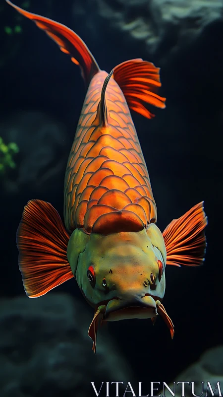Vibrant orange koi fish glides through shadowed water.