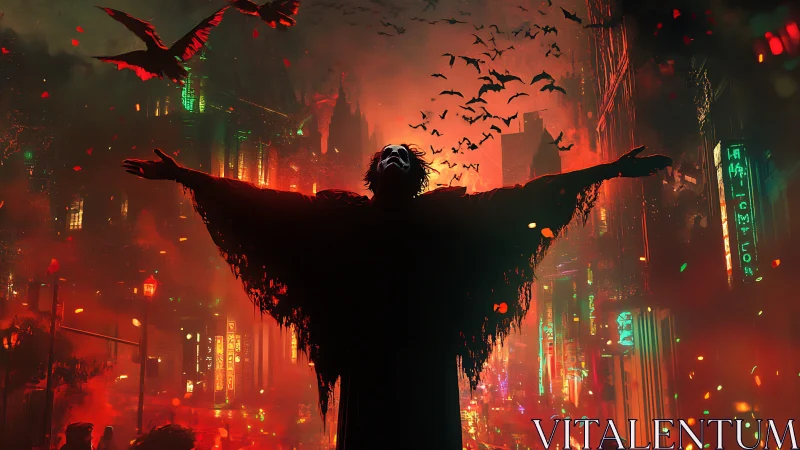 Silhouetted figure raises arms amid red neon city chaos