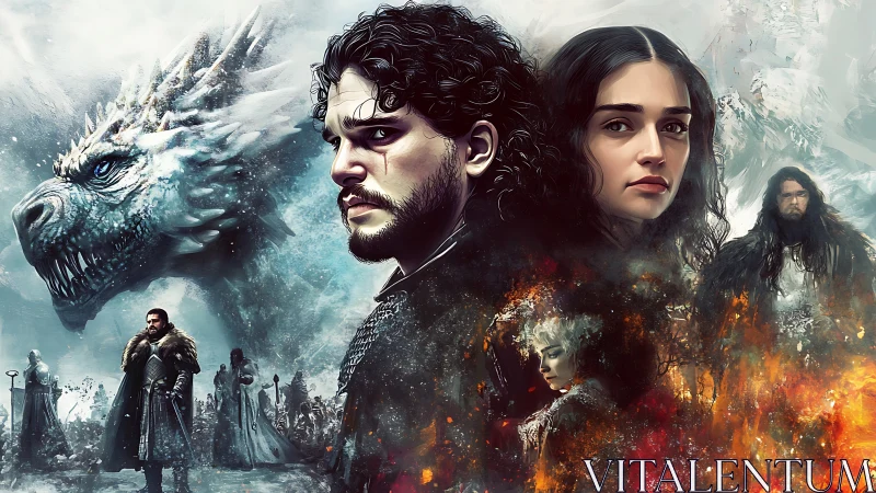 Storm-lit dragon and fierce heroes in a frozen battle tale.