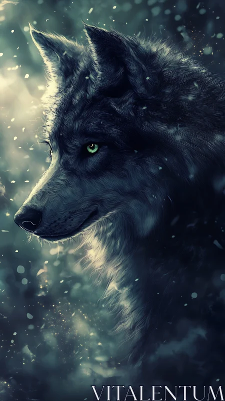 Lone wolf emerges through swirling frost and starlit mist.