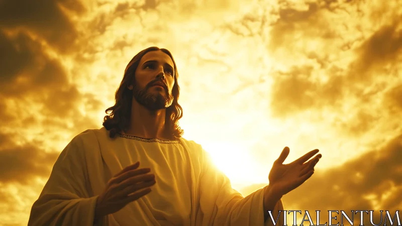 Radiant robed figure before golden sunset sky haloed light.