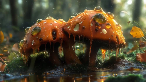 Glowing forest mushrooms with molten amber droplets at dusk.