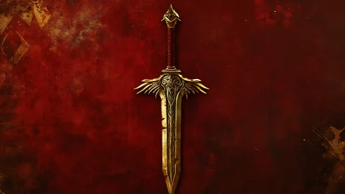 Golden winged sword rendered against textured crimson backdrop