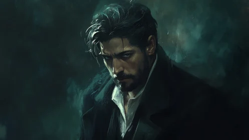 Male figure in dark overcoat is rendered in painterly style
