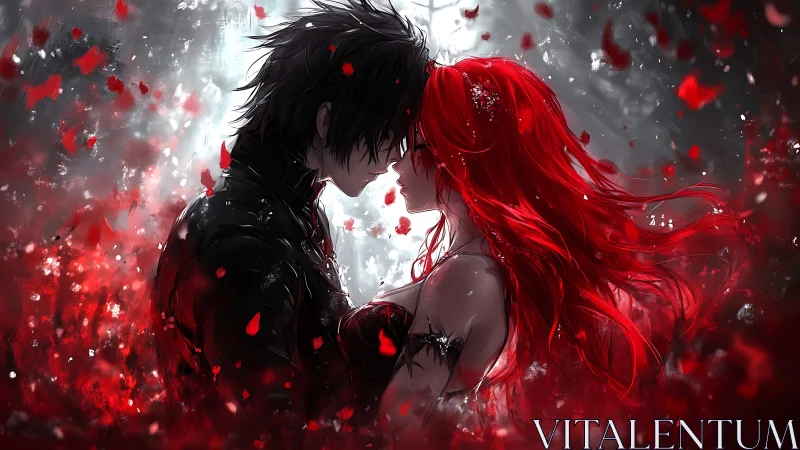 Storm-soft embrace beneath a whirlwind of crimson petals.