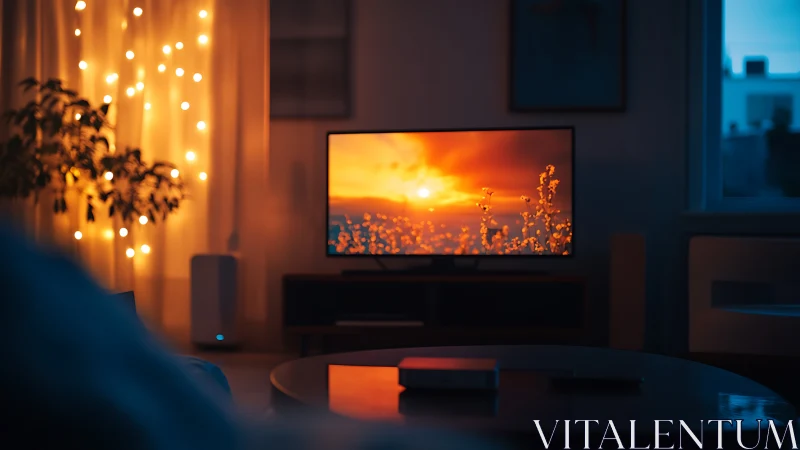 Warm living room glows around sunset scene on modern TV