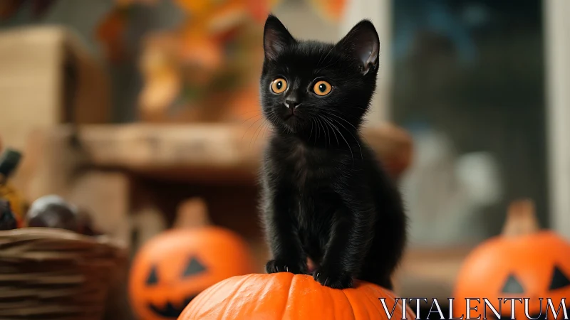 Black Kitten with Golden Eyes Perched on Pumpkin