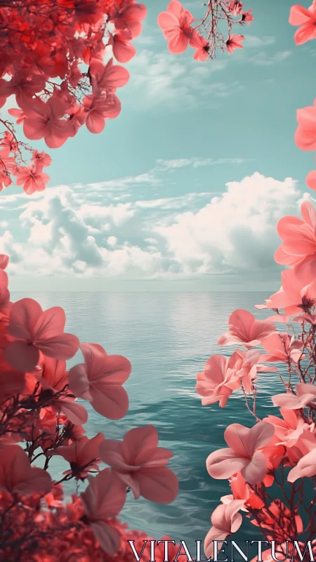 Coral blossoms frame a dreamlit turquoise ocean horizon.