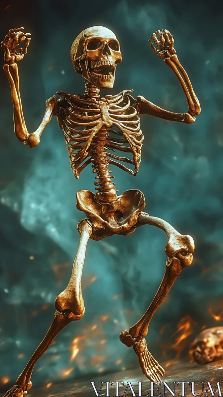 Human skeleton figure in dynamic upright pose on smoky field.