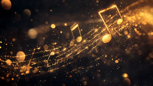 Glowing golden music notes float on particle-based light trails