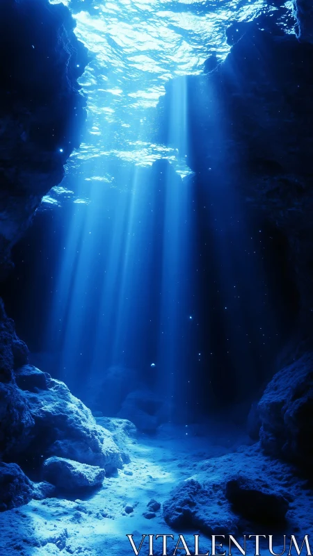 Submerged rocky cavern floor receives vertical blue light shafts