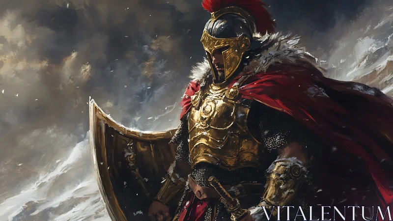 Roman-style warrior in golden armor on stormy battlefield.