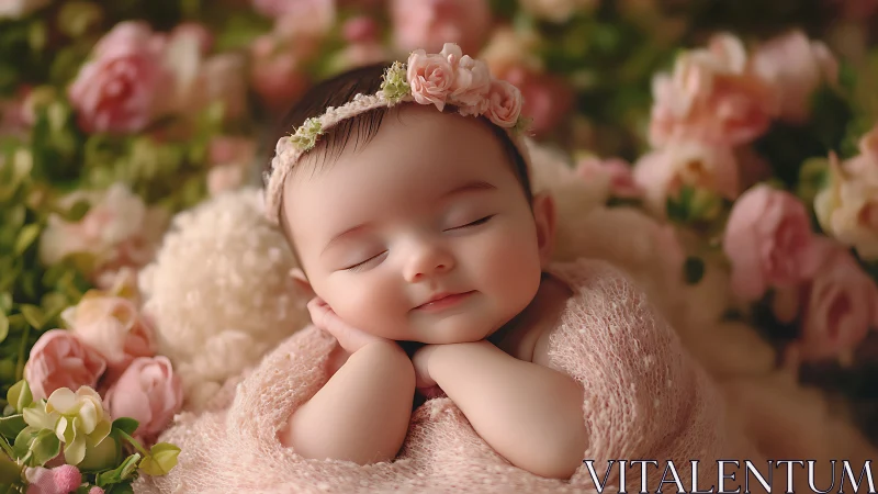 Peaceful newborn dreaming among soft garden roses