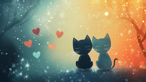 Two Silhouetted Cats Against Gradient Bokeh with Floating Hearts.