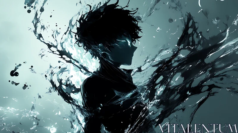 Silhouetted figure dissolving into dynamic liquid abstraction.