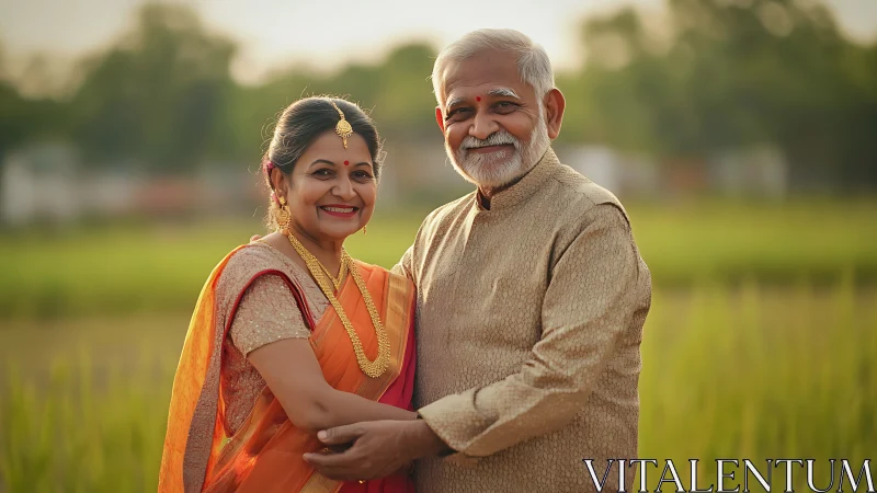 Elderly Indian couple in traditional attire smiling outdoors.