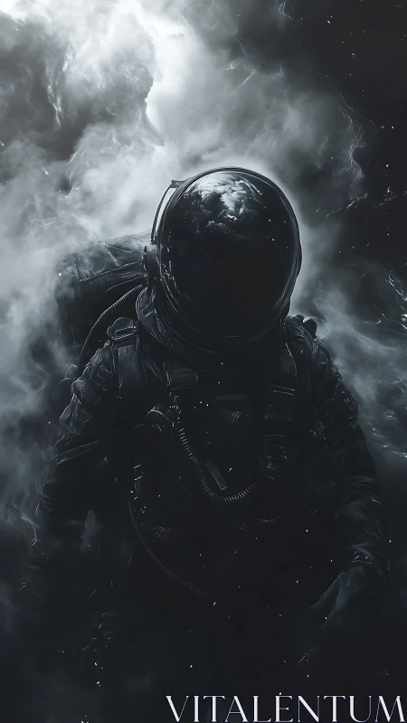 Solitary astronaut drifting through shadowed cosmic mist.