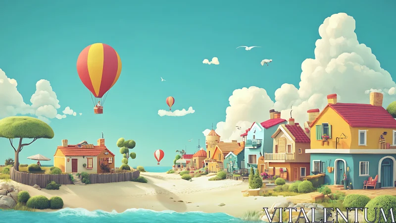 Coastal village scene with hot air balloons in pastel sky.