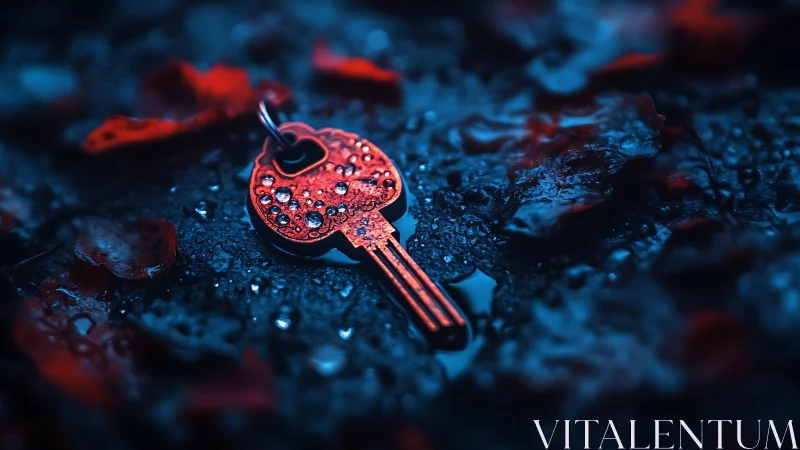 Red metallic key on wet ground with shallow focus detail.