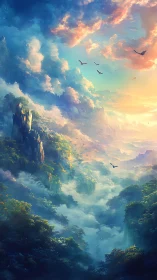 Luminous mist valley under radiant sunrise with soaring birds