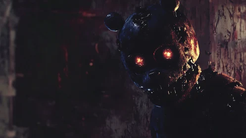 Burned animatronic bear stares with glowing fiery eyes.