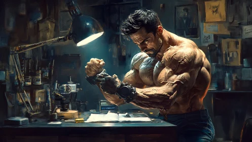 Muscular man adjusts wrist device at cluttered workshop desk