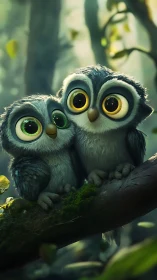 Digital painting of two wide-eyed owlets on mossy branch.