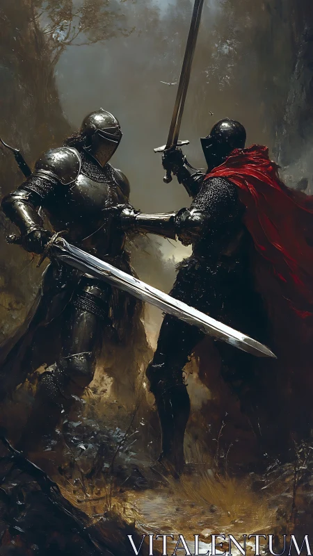 Digital painting of dueling armored knights with dynamic chiaroscuro.