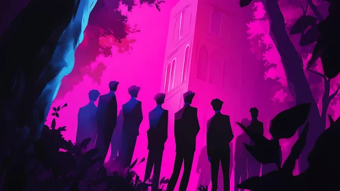 Silhouetted figures near illuminated tower in magenta forest.