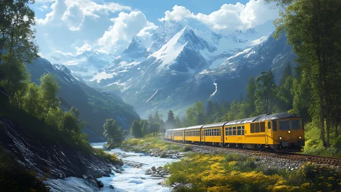 Yellow mountain train passing alpine river and snow peaks.