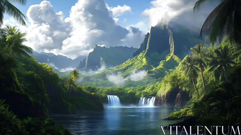 Tropical Paradise Valley: Waterfall Landscape with Mountain Peaks.