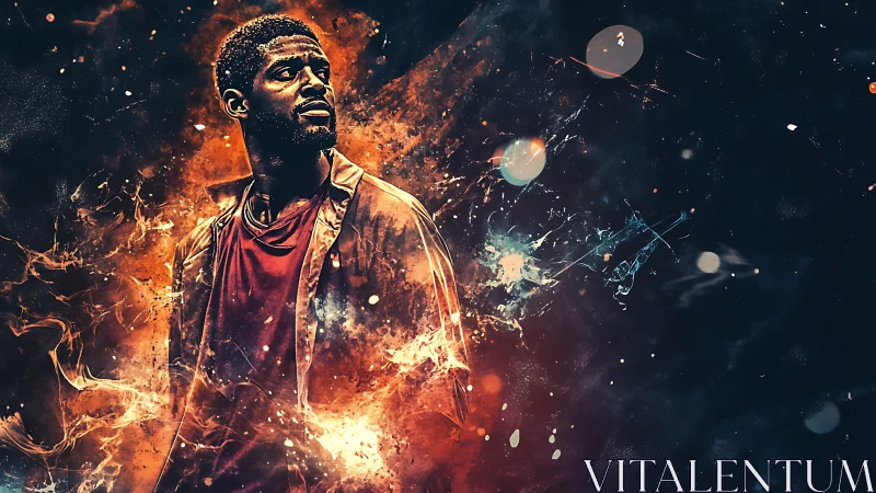 Digital portrait of a man amid abstract flame effects