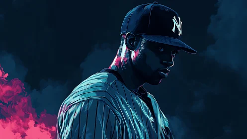 Neon-lit baseball legend stalks the diamond in midnight blues.