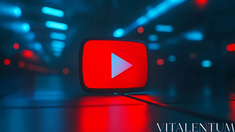 YouTube play icon in stylized neon-lit digital environment.