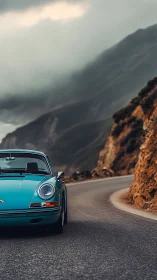 Turquoise classic car cruising a misty coastal mountain road.