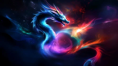 Dragon-shaped energy serpent curls through glowing nebula